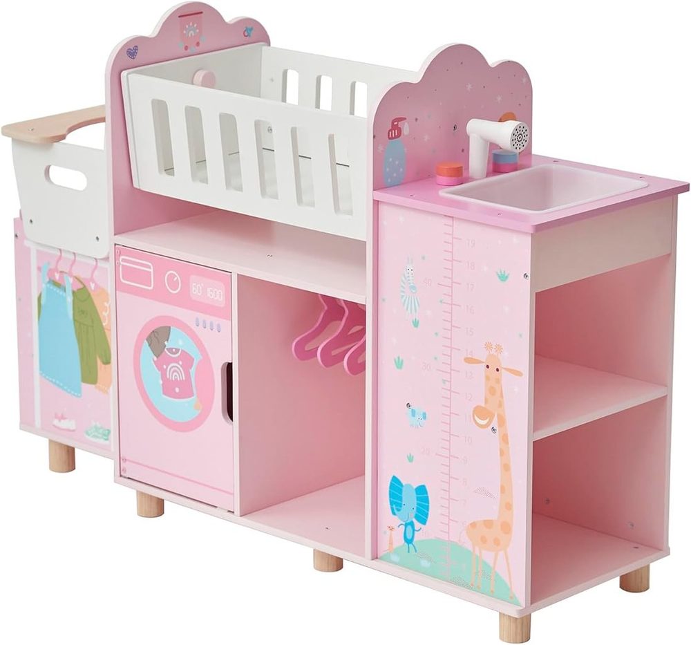 Pink 6-in-1 wooden baby doll nursery set with crib, high chair, sink and washing machine