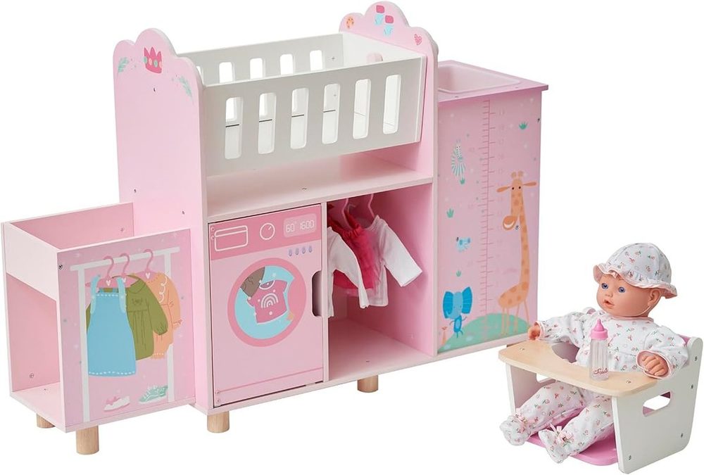 Pink wooden doll nursery station with rocking cradle, high chair, sink and washing machine