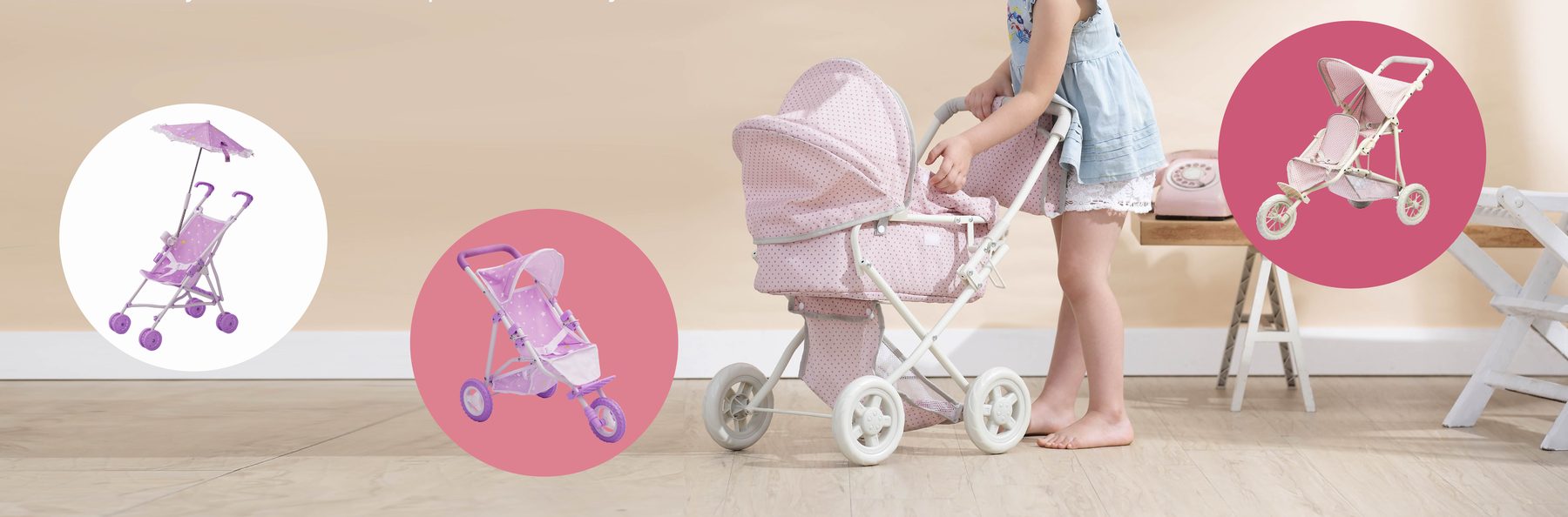 Girl pushing a twin jogging baby doll stroller