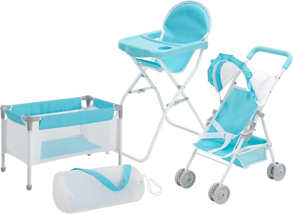 Blue and white 3-piece baby doll set with crib, high chair and stroller