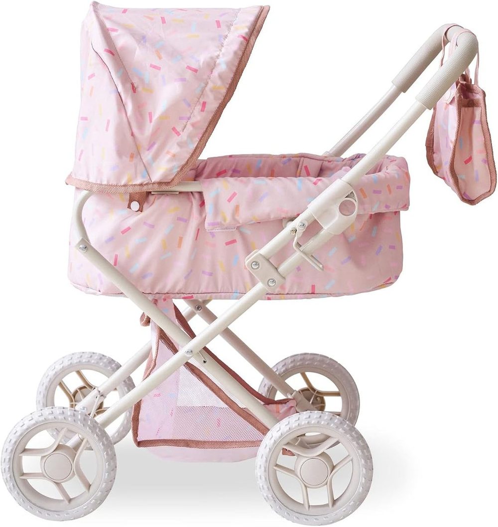Beige confetti print baby doll pram stroller with detachable bassinet and nursery bag