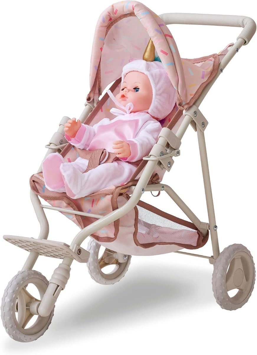 Beige confetti jogging doll stroller with three wheels and padded handle
