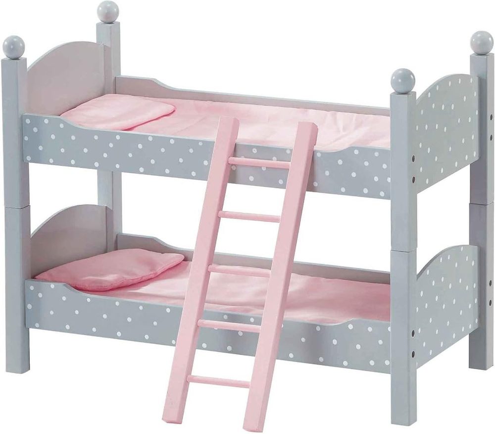 Wooden bunk bed for 18-inch dolls with ladder and pink bedding, gray with white polka dots