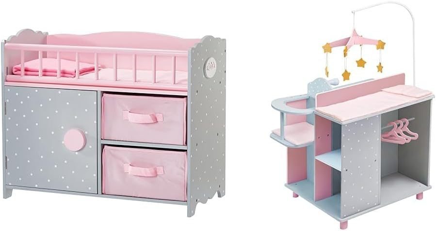 Pink and gray polka dot baby doll crib with blanket beside a wooden 6-in-1 changing station