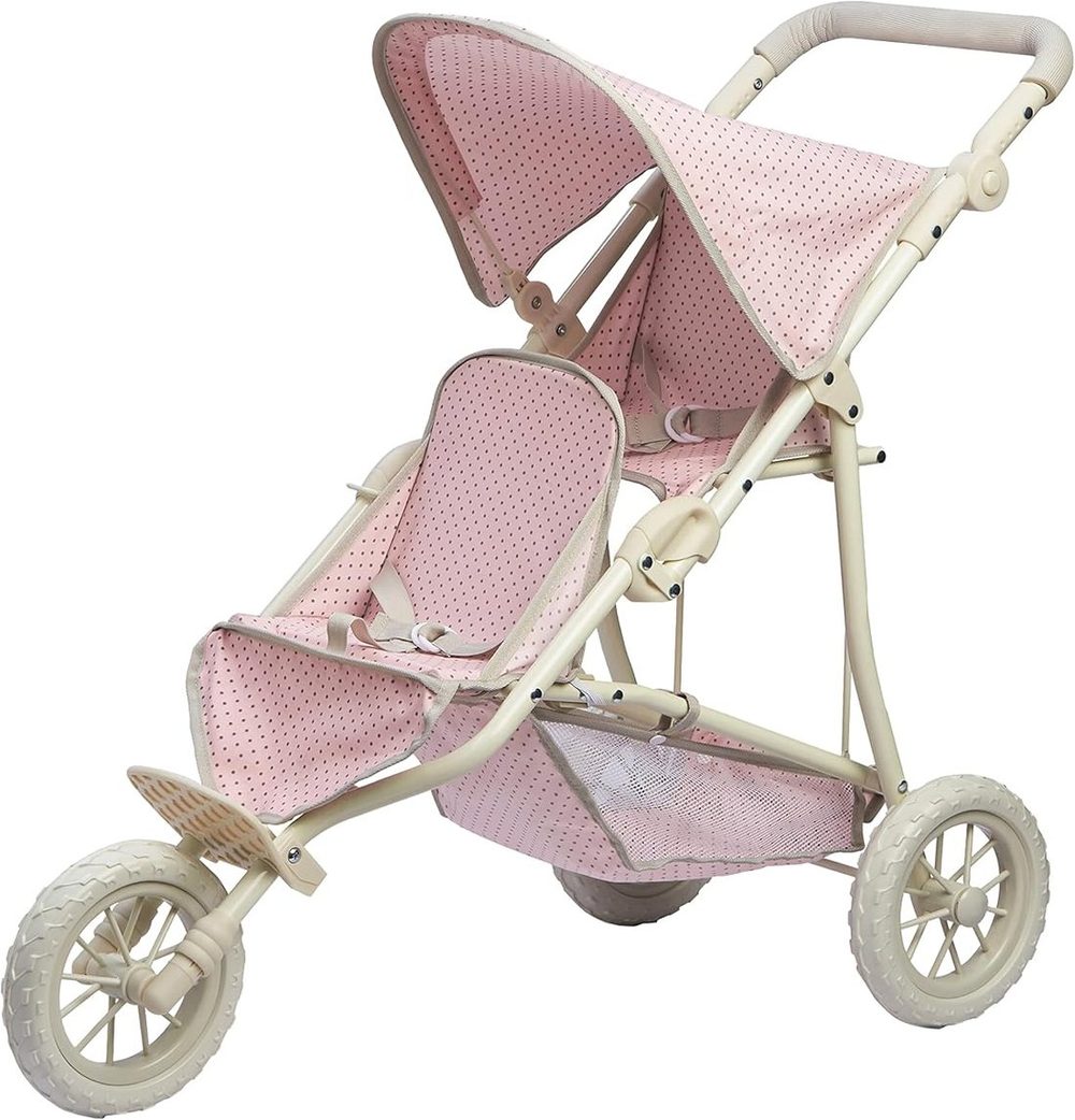 Tandem double jogging doll stroller with two seats and pink polka dot canopy