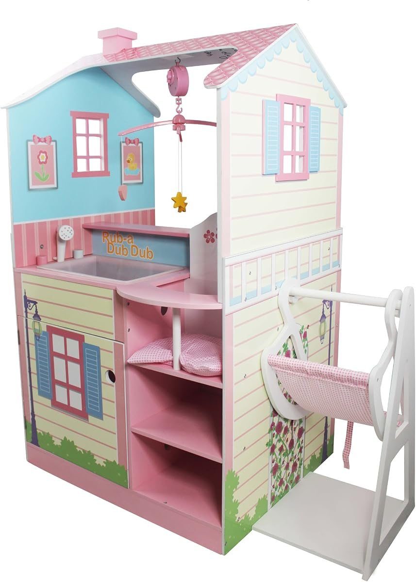 Pink and blue double-sided wooden baby doll nursery center dollhouse with swing