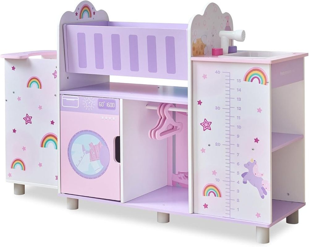 Purple unicorn themed wooden baby doll nursery with cradle, washer, high chair and sink