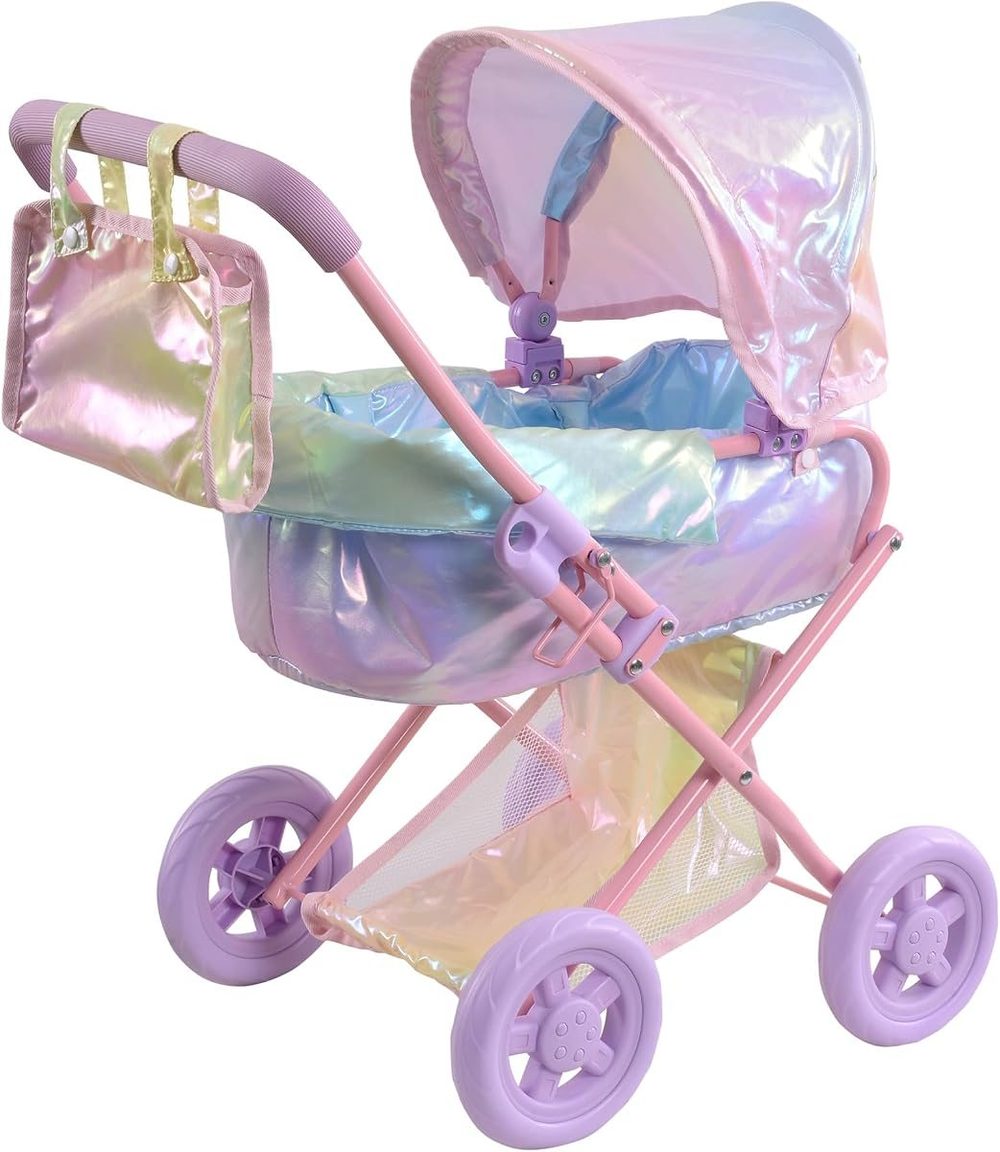 Shimmering iridescent baby doll stroller with removable bassinet and canopy