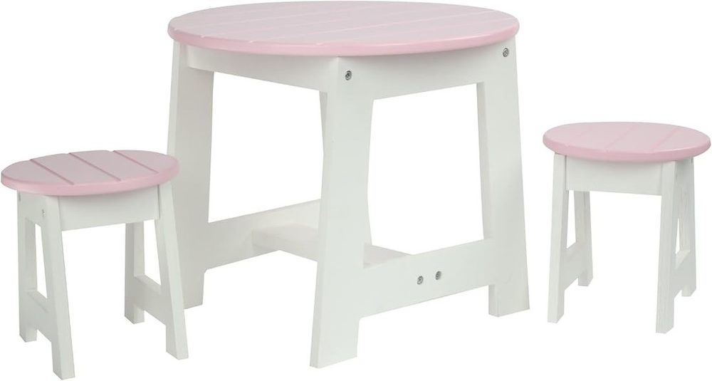 White wooden table with two stools for 18-inch dolls