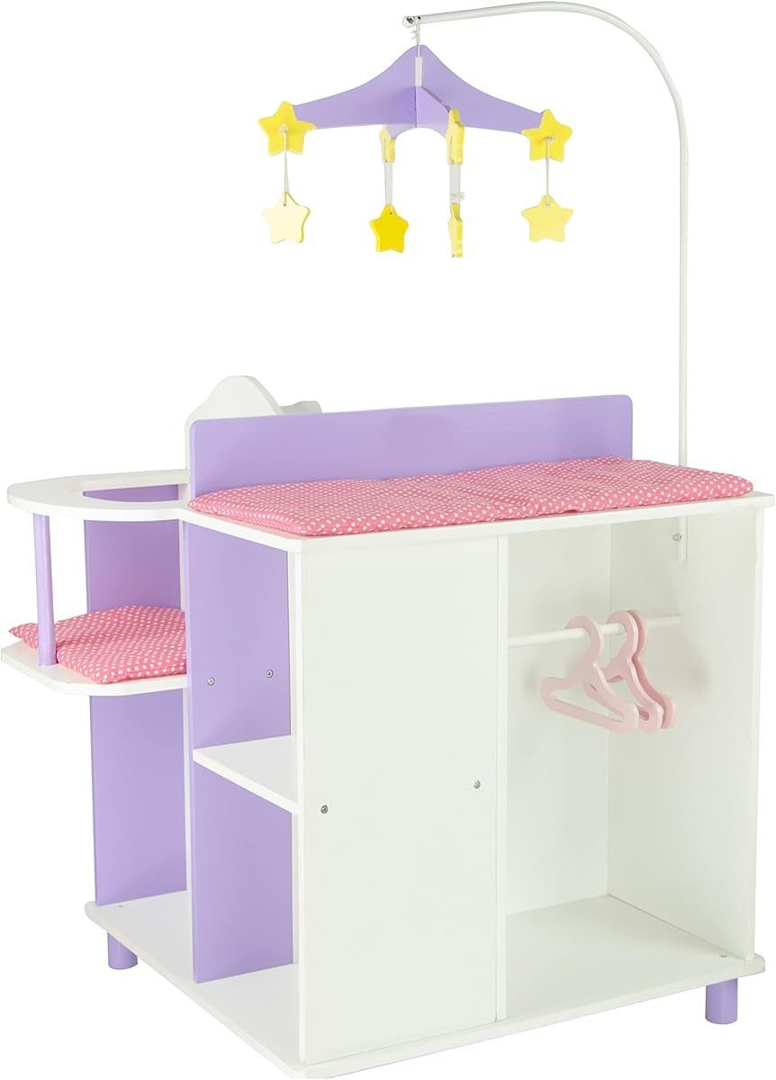 White two-sided wooden doll changing station with purple and pink accents, sink and high chair