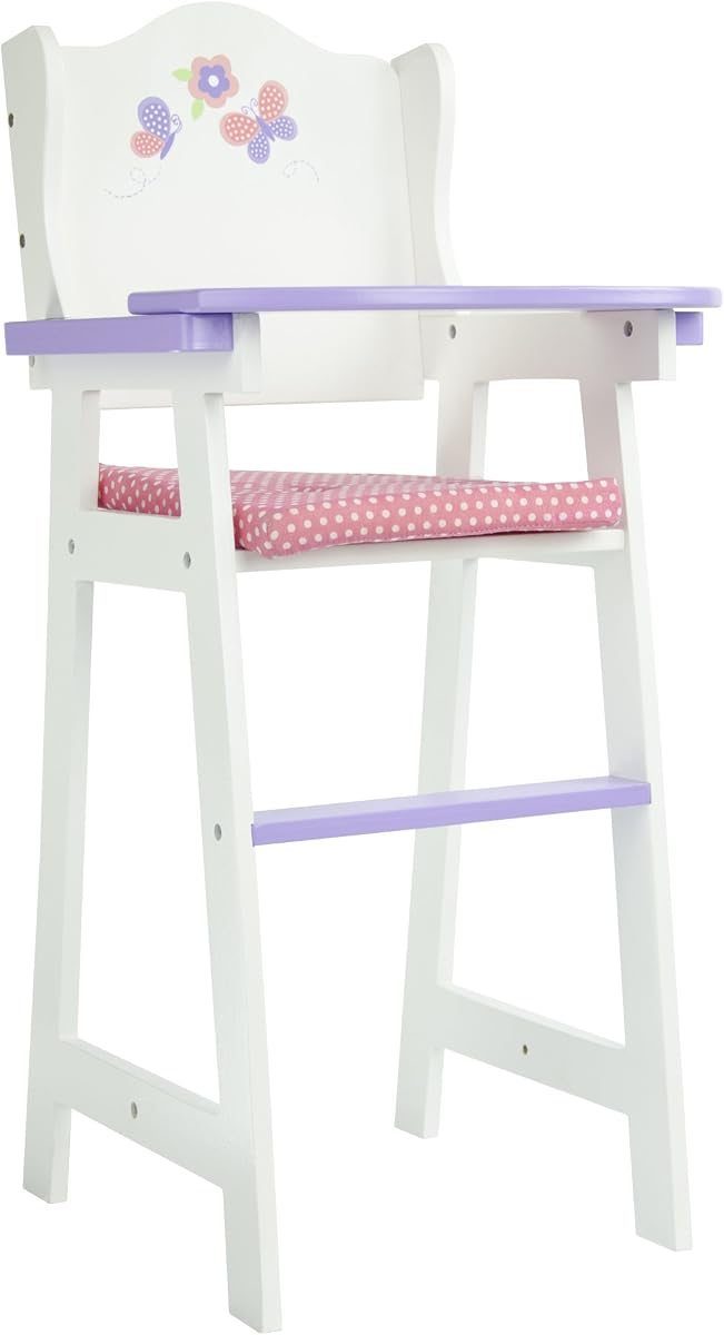 White wooden doll high chair with purple accents, flower details and pink polka dot cushion