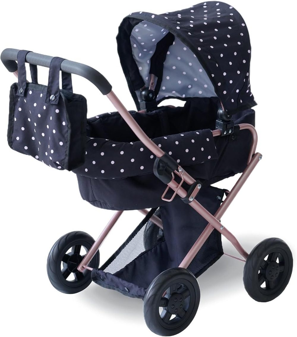 Black classic baby doll pram with pink polka dots, bassinet and nursery bag