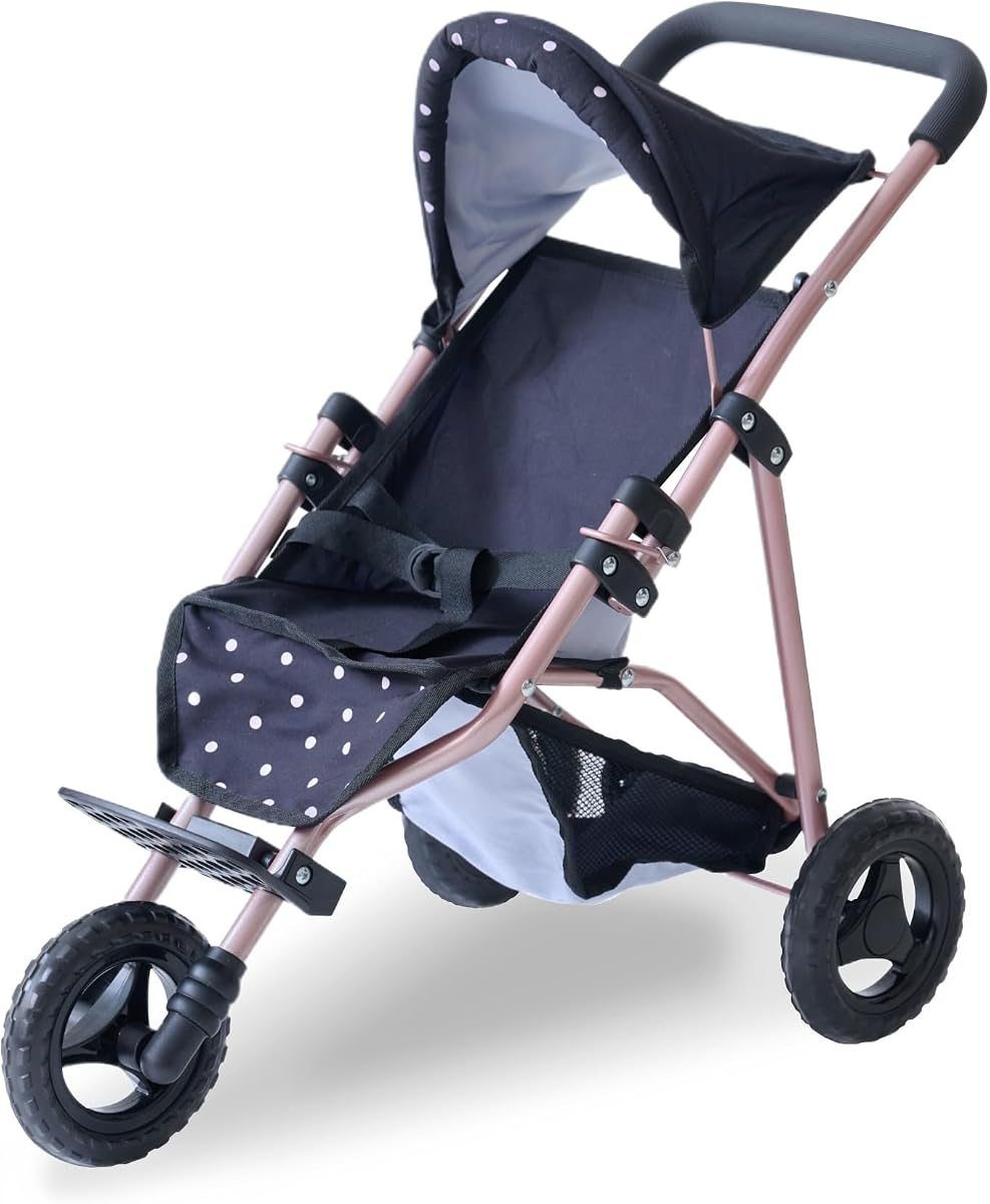 Black jogging doll stroller covered in pink polka dots with canopy and basket