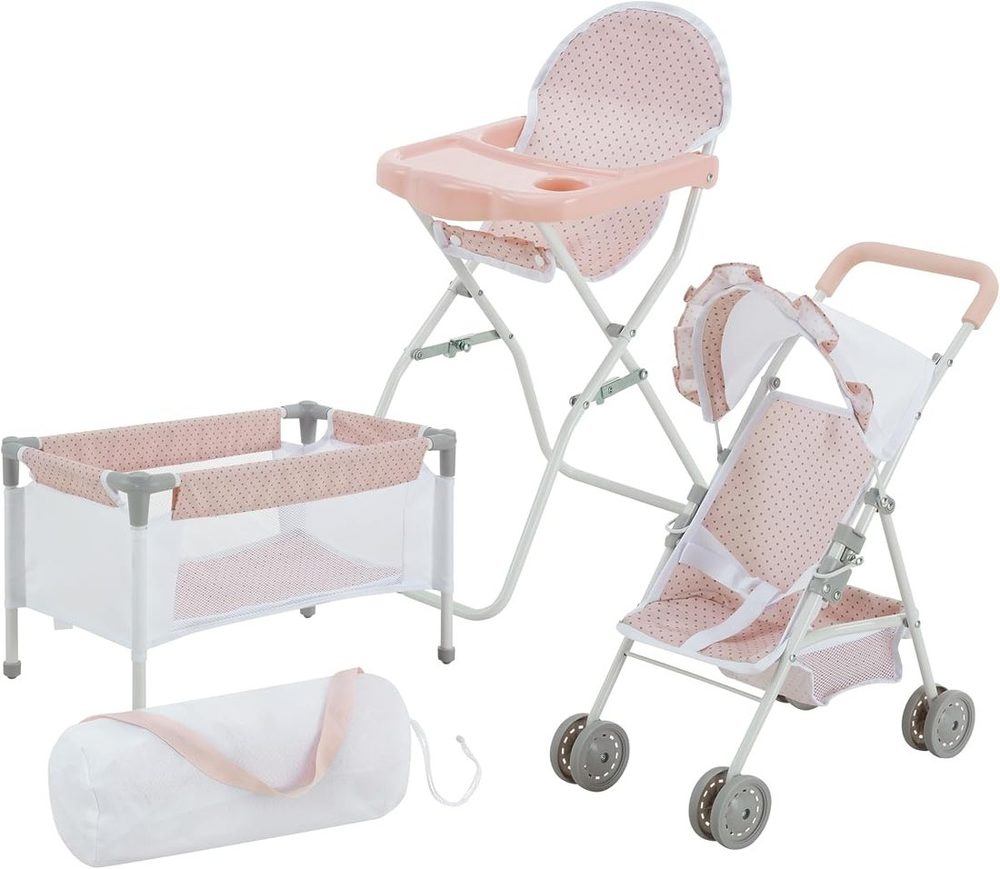 Pink and gray polka dot 3-piece doll set with crib, high chair and stroller