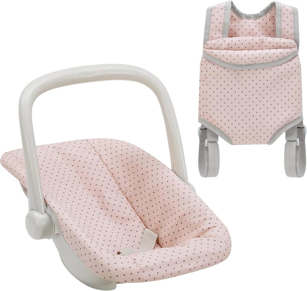 Pink and gray polka dot baby doll car seat with handle and a wearable doll carrier