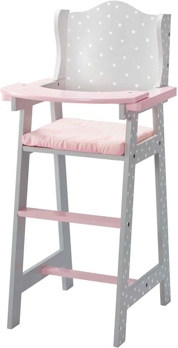 Gray and pink polka dot wooden doll high chair with tray and cushion