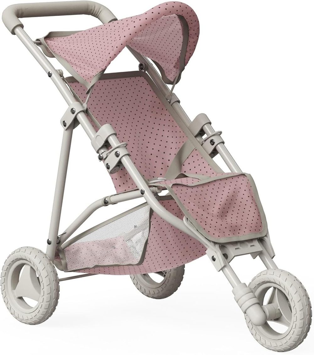 Three-wheeled jogging doll stroller with pink polka dot canopy and cream frame