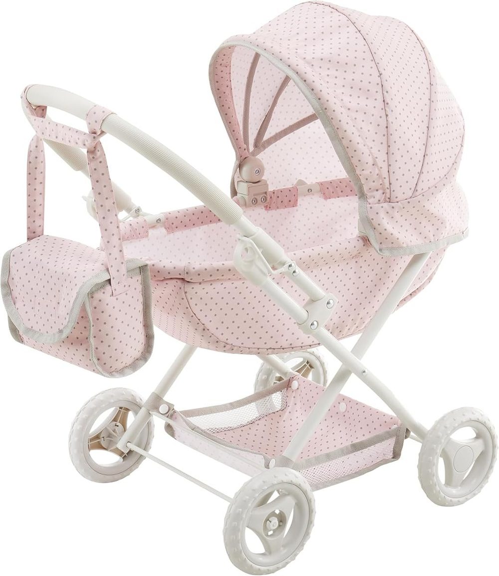 Pink polka dot baby doll pram with removable bassinet and storage basket