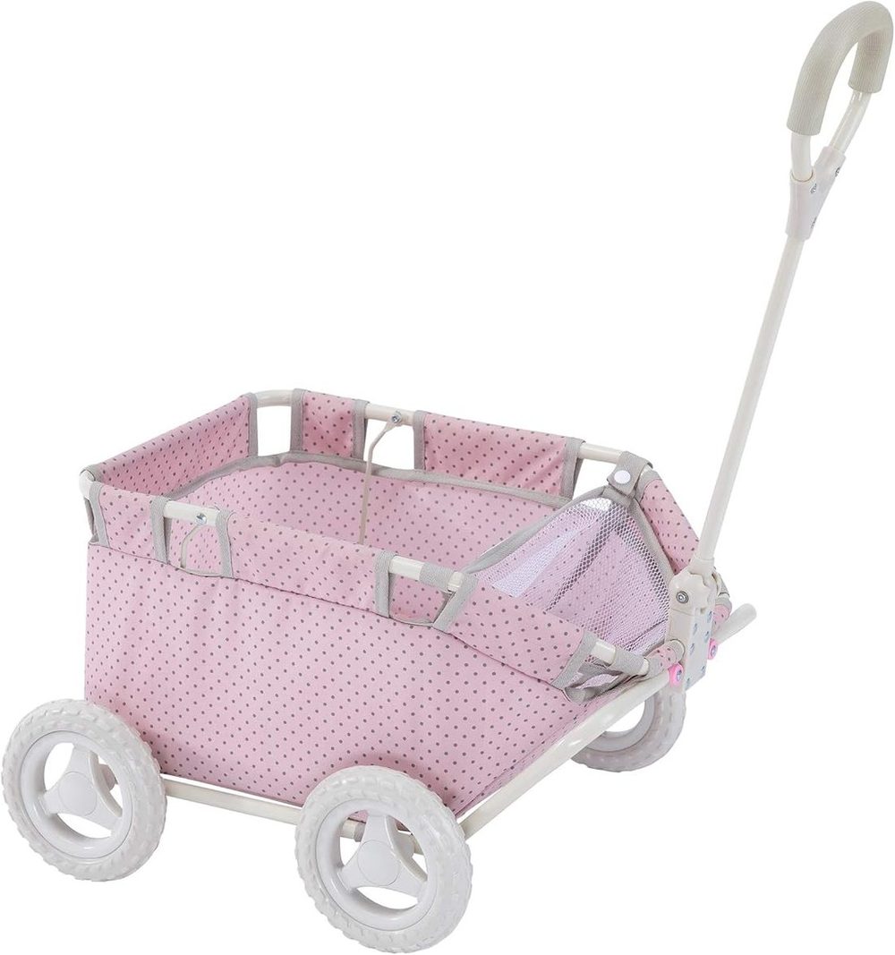 Pink polka dot folding toy wagon for baby dolls with pull handle and chunky wheels