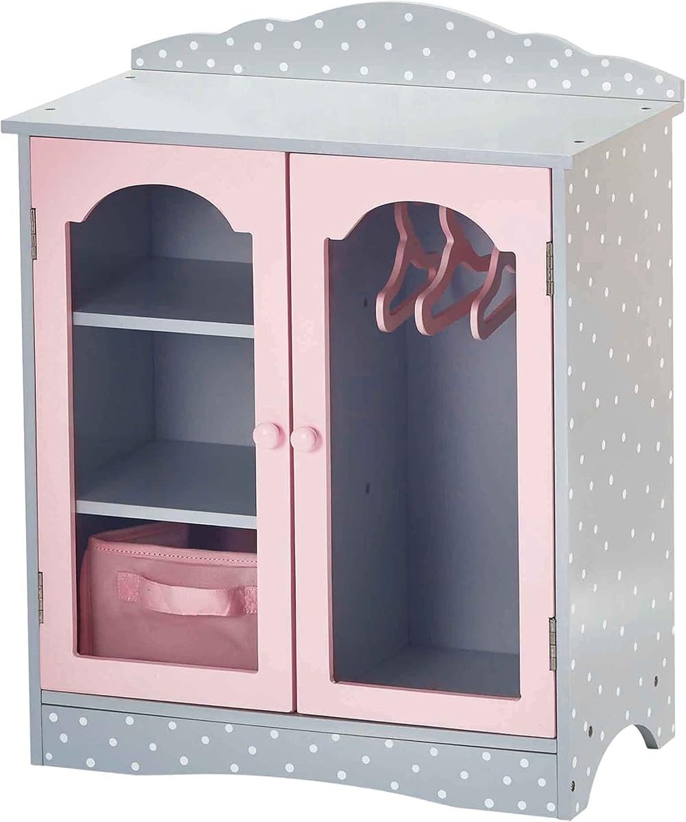Gray polka dot wooden doll armoire with windowed doors, shelves and hangers for 18-inch dolls