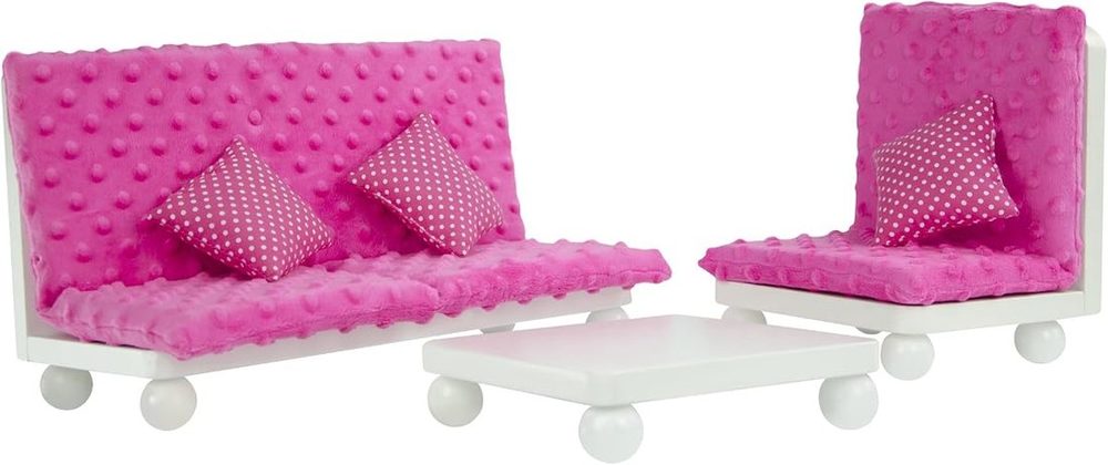 Wooden 18-inch doll lounge set with long sofa, armchair, coffee table and pink cushions