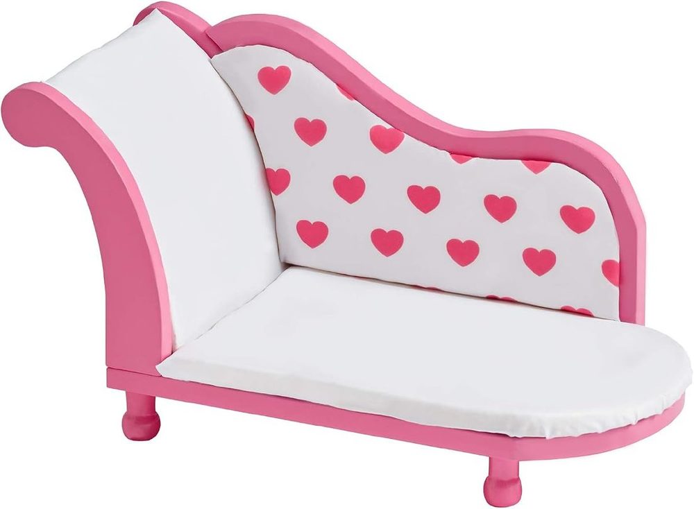 Pink and white doll sofa with heart upholstery and bun feet for 18-inch dolls