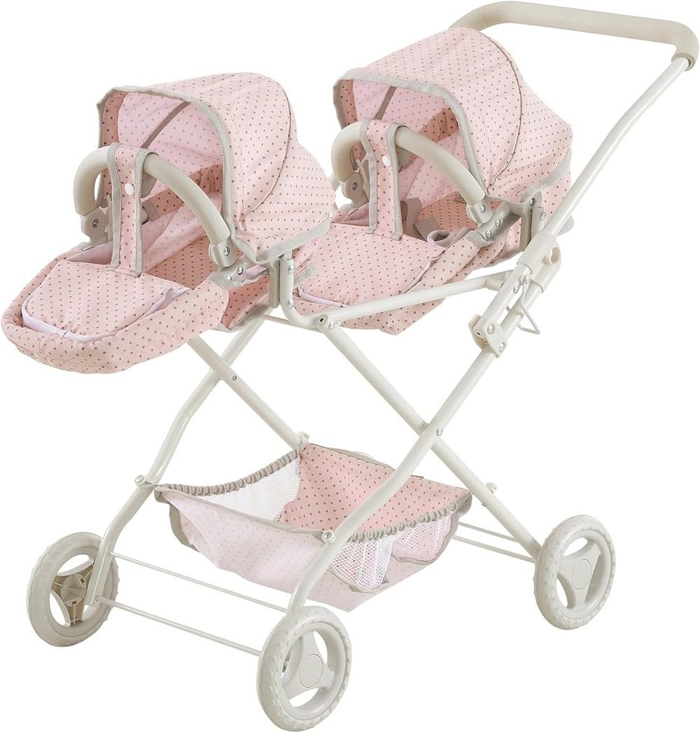 Pink and gray twin baby doll stroller with two side-by-side bassinets and canopies