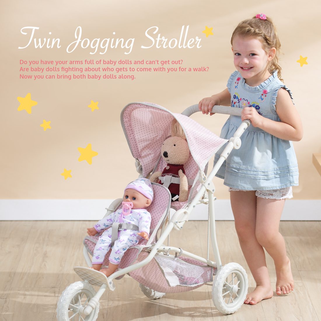 Girl pushing a twin jogging doll stroller