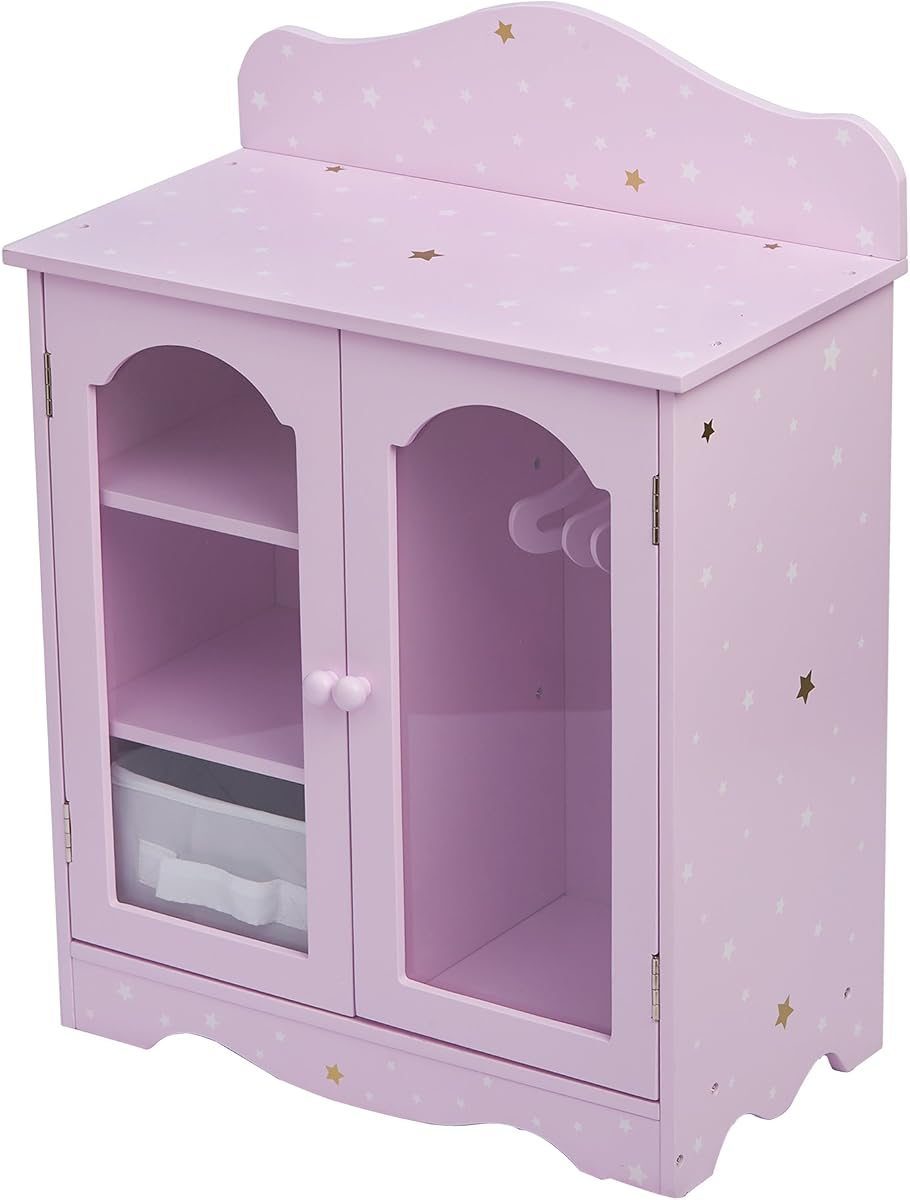 Lavender doll closet with twinkle stars, three hangers, shelves and a canvas bin