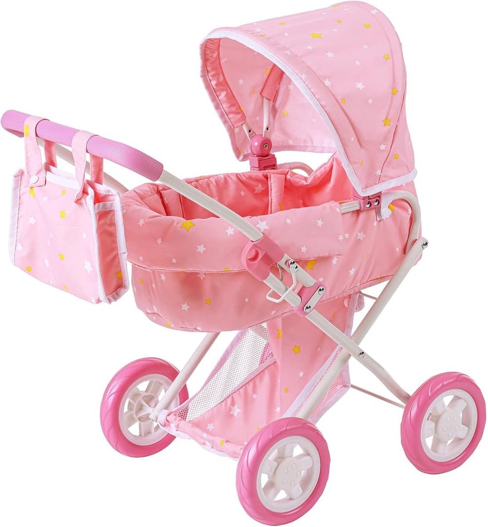 Pink baby doll bassinet pram with white and gold stars and carry handles