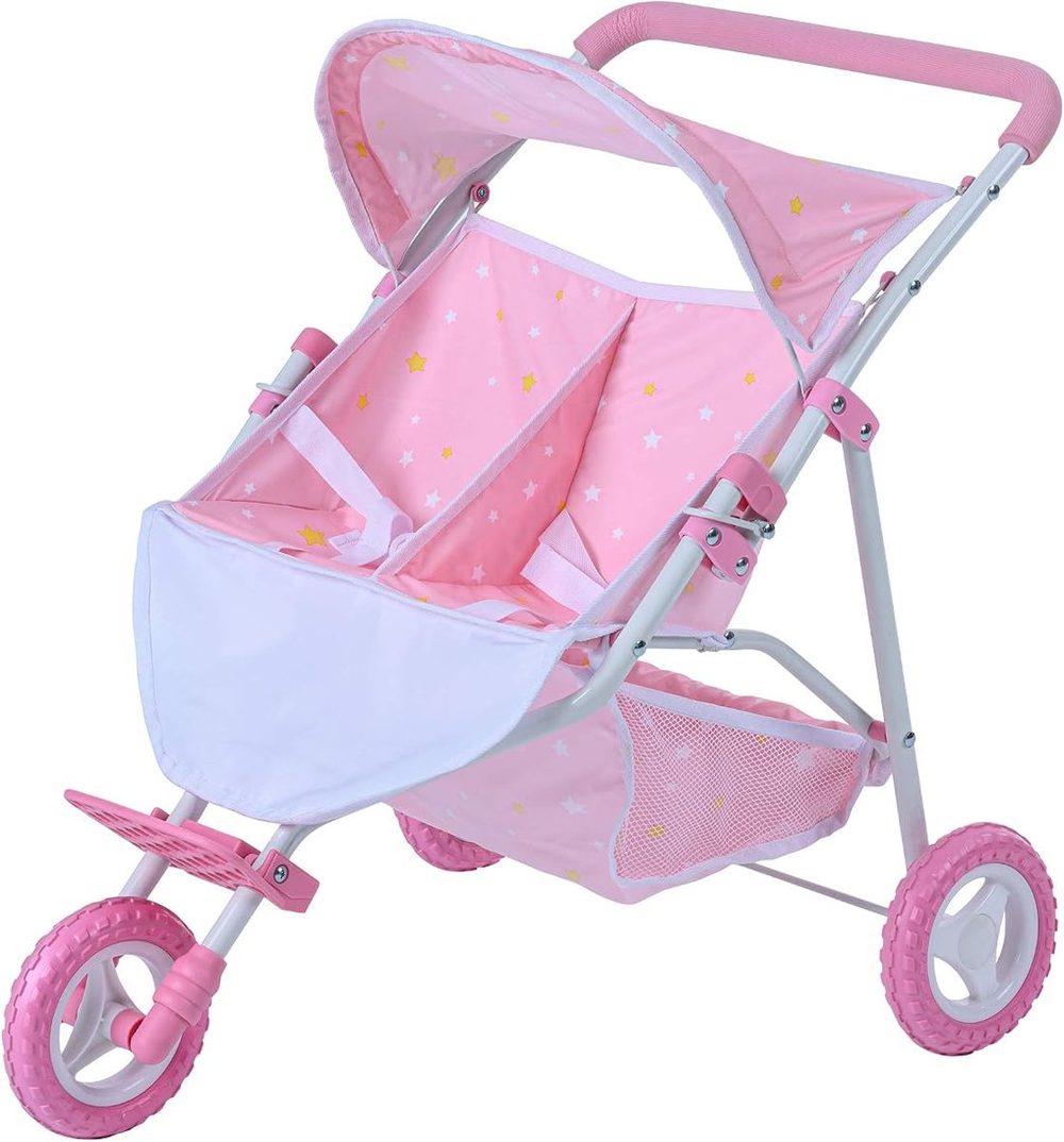 Light pink deluxe baby doll stroller with white stars, room for two 18-inch dolls