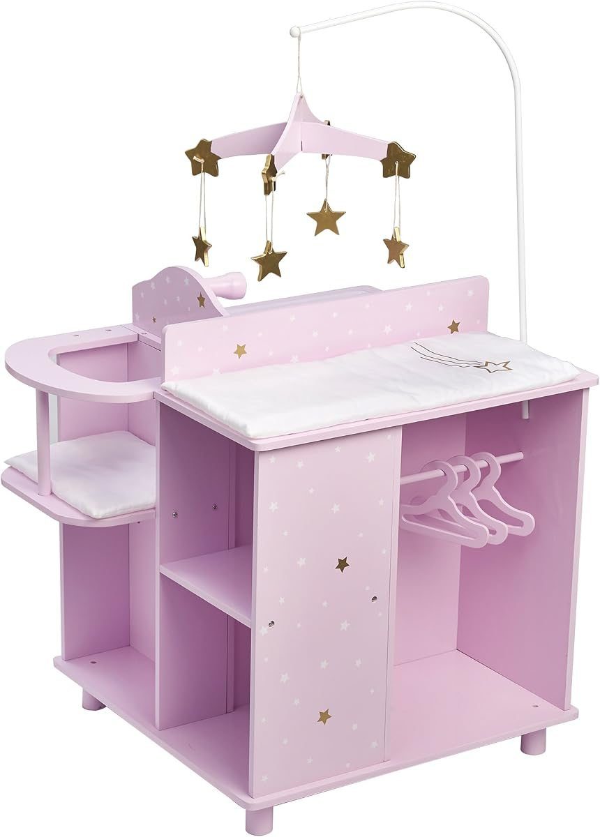 Lilac baby doll changing station with gold and white stars, high chair, sink and mobile