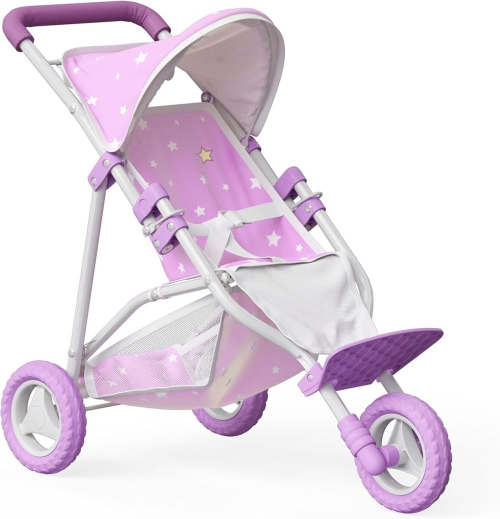 Purple jogging baby doll stroller with white and gold stars on the canopy