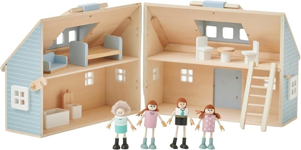 Blue two-story wooden cottage dollhouse with 12 accessories and four small figurines