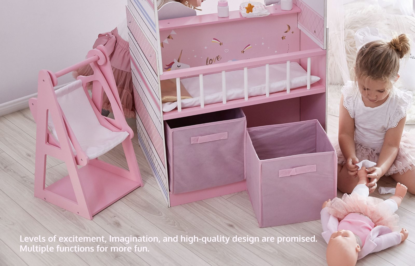 Wooden dollhouse with doll nursery rooms