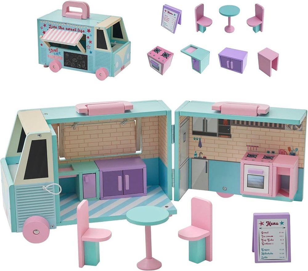 Blue and pink wooden food truck dollhouse with awning window, menu board and kitchen accessories
